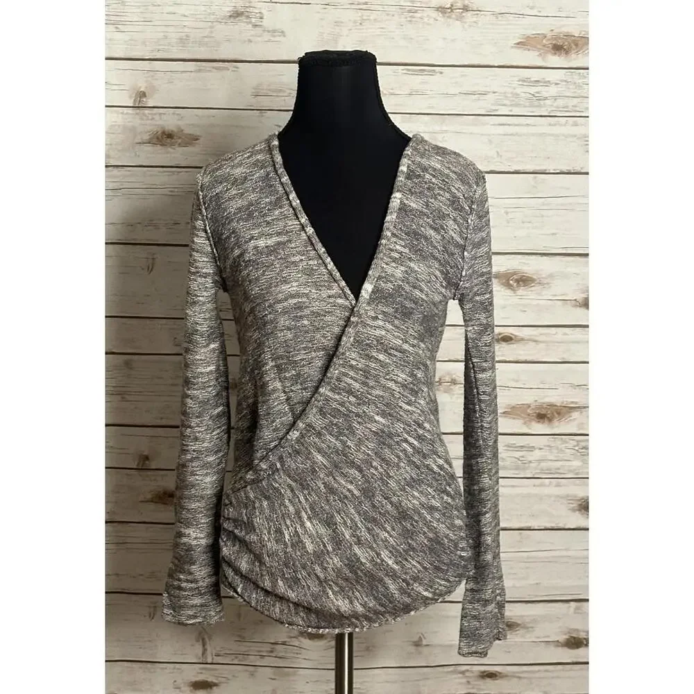 Free People taupe cotton/linen V surplice wrap front marled knit sweater Size S